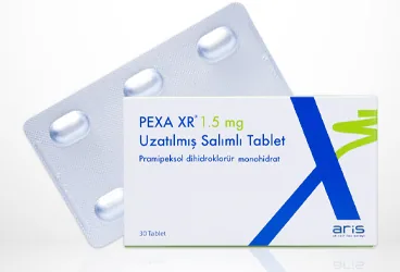 PEXA XR 1.5 MG UZATILMIS SALIMLI 30 TABLET (pramipeksol) ambalajı, tablet. Üretici: ALİ RAİF İLAÇ SANAYİ A.Ş.