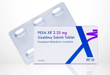 Pramipeksol içeren tablet: PEXA XR 2.25 MG UZATILMIS SALIMLI 30 TABLET kutu fotoğrafı. Üretici: ALİ RAİF İLAÇ SANAYİ A.Ş.