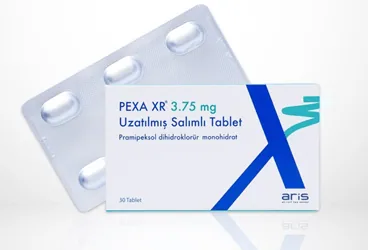 PEXA XR 3.75 MG UZATILMIS SALIMLI 30 TABLET (pramipeksol) ambalajı, tablet. Üretici: ALİ RAİF İLAÇ SANAYİ A.Ş.