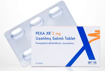 PEXA XR 3 MG UZATILMIS SALIMLI 30 TABLET ürün ambalajı. Pramipeksol içeren tablet. Üretici: ALİ RAİF İLAÇ SANAYİ A.Ş.