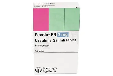 PEXOLA ER 3 MG UZATILMIŞ SALIMLI 30 TABLET (pramipeksol) ambalajı, tablet. Üretici: BOEHRİNGER INGELHEİM İLAÇ TİCARET A.Ş.