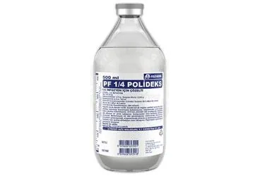 PF 1/4 POLIDEKS IV INFUZYON ICIN COZELTI 500 ML SETLI ambalajı. Dekstroz + sodyum klorur içeren çözelti. Üretici: POLİFARMA İLAÇ SAN. VE TİC. A.Ş.