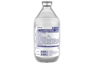 Dekstroz monohidrat+sodyum klorur içeren PF %5 DEKSTROZ %0,2 NACL SOL. 500 ML SETLI CAM ürün ambalajı. Üretici: POLİFARMA İLAÇ SAN. VE TİC. A.Ş.