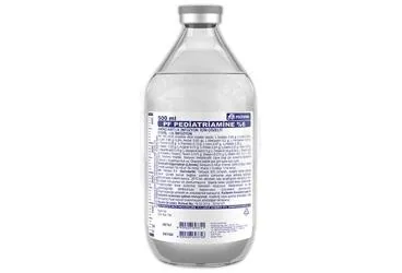 Aminoasit içeren çözelti: PF PEDIATRIAMINE %6 AMINO ASIT IV INFUZYON ICIN COZELTI 500 ML (SETLI) kutusu. Üretici: POLİFARMA İLAÇ SAN. VE TİC. A.Ş.