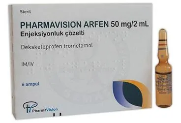 Deksketoprofen içeren çözelti: PHARMAVISION ARFEN 50 MG/2 ML ENJEKSIYONLUK COZELTI kutusu. Üretici: PHARMAVİSİON SAN. VE TİC. A.Ş.