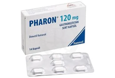 Dimetil fumarat içeren kapsül: PHARON 120 MG GASTROREZISTAN SERT KAPSUL (14 KAPSUL) ürün ambalajı. Üretici: SANOVEL İLAÇ SANAYİ VE TİCARET ANONİM ŞİRKETİ.
