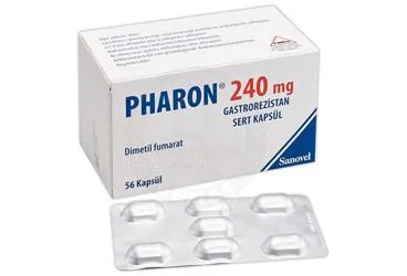 Dimetil fumarat içeren kapsül: PHARON 240 MG GASTROREZISTAN SERT KAPSUL (56 KAPSUL) kutu fotoğrafı. Üretici: SANOVEL İLAÇ SANAYİ VE TİCARET ANONİM ŞİRKETİ.