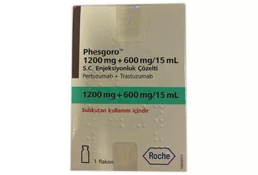 Pertuzumab + trastuzumab içeren çözelti: PHESGORO 1200 MG+600 MG/15 ML SC ENJEKSIYONLUK COZELTI (1 ADET) ürün ambalajı. Üretici: ROCHE MÜSTAHZARLARI SANAYİ ANONİM ŞİRKETİ.