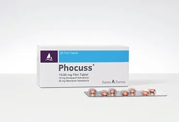 Memantin + donepezil içeren film kaplı tablet: PHOCUSS 10 MG/20 MG FILM KAPLI TABLET (28 FILM KAPLI TABLET) ürün ambalajı. Üretici: SANTA FARMA İLAÇ SAN. A.Ş.