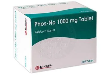 Kalsiyum asetat içeren tablet: PHOS-NO 1000 MG 180 TABLET kutusu. Üretici: DİNÇSA İLAÇ SAN. VE TİC. A.Ş.