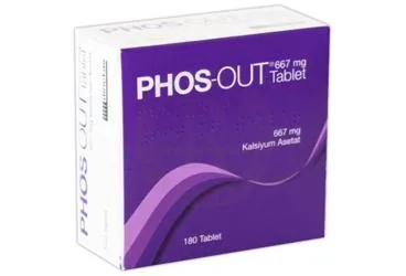 PHOS-OUT 667 MG 180 TABLET kutu fotoğrafı, tablet formunda kalsiyum asetat içerir. Üretici: DİNÇTAŞ İLAÇ SANAYİ VE TİCARET ANONİM ŞİRKETİ.