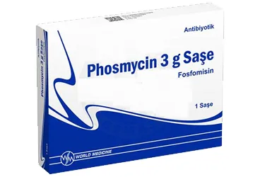 PHOSMYCIN 3 G GRANUL ICEREN SASE (1) ambalajı, saşe formunda fosfomisin içerir. Üretici: WORLD MEDICINE İLAÇ SAN. VE TİC. A.Ş.