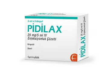 PIDILAX 25 MG/5 ML IV ENJEKSIYONLUK COZELTI ürün ambalajı, çözelti formunda urapidil içerir. Üretici: FARMA-TEK İLAÇ SANAYİ VE TİCARET A.Ş.