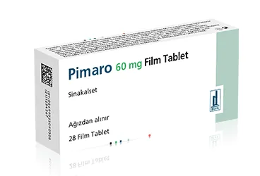Sinakalset içeren film kaplı tablet: PIMARO 60 MG 28 FILM TABLET ürün ambalajı. Üretici: DEVA HOLDİNG ANONİM ŞİRKETİ.