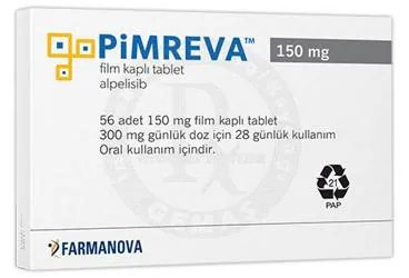 PIMREVA 150 MG FILM KAPLI TABLET (56 TABLET) kutusu. Alpelisib içeren film kaplı tablet. Üretici: FARMANOVA SAĞLIK HİZMETLERİ LTD.ŞTİ.