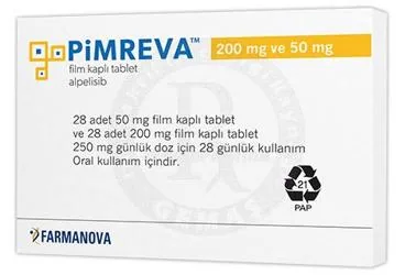 PIMREVA 200 MG VE 50 MG FILM KAPLI TABLET (56 TABLET) (alpelisib) ambalajı, film kaplı tablet. Üretici: FARMANOVA SAĞLIK HİZMETLERİ LTD.ŞTİ.