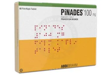 PINADES 100 MG FİLM KAPLI TABLET (40 TABLET) ambalajı. Pinaveryum bromür içeren film kaplı tablet. Üretici: ABDİ İBRAHİM İLAÇ SANAYİ VE TİCARET A.Ş.