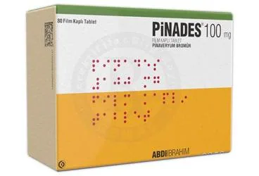 Pinaveryum bromür içeren film kaplı tablet: PINADES 100 MG FİLM KAPLI TABLET (80 TABLET) ürün ambalajı. Üretici: ABDİ İBRAHİM İLAÇ SANAYİ VE TİCARET A.Ş.