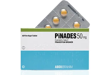 PINADES 50 MG FILM KAPLI TABLET (40 TABLET) kutusu. Pinaveryum bromür içeren film kaplı tablet. Üretici: ABDİ İBRAHİM İLAÇ SANAYİ VE TİCARET A.Ş.