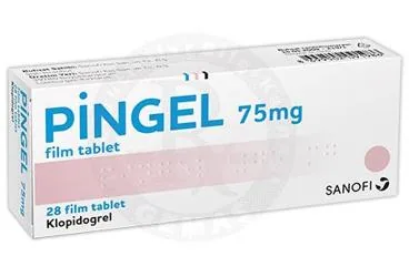 Klopidogrel içeren film kaplı tablet: PINGEL 75 MG 28 FİLM TABLET ürün ambalajı. Üretici: SANOFİ İLAÇ SANAYİ ve TİC. A.Ş.