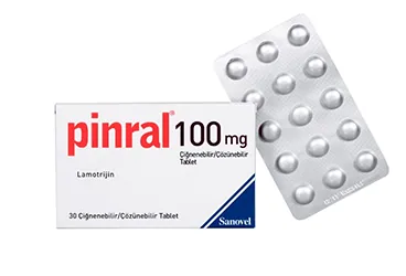 PINRAL 100 MG 30 CIGNENEBILIR/COZUNEBILIR TABLET ürün ambalajı. Lamotrijin içeren tablet. Üretici: SANOVEL İLAÇ SANAYİ VE TİCARET ANONİM ŞİRKETİ.