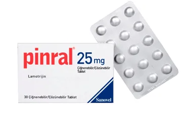 Lamotrijin içeren tablet: PINRAL 25 MG 30 CIGNENEBILIR/COZUNEBILIR TABLET kutu fotoğrafı. Üretici: SANOVEL İLAÇ SANAYİ VE TİCARET ANONİM ŞİRKETİ.