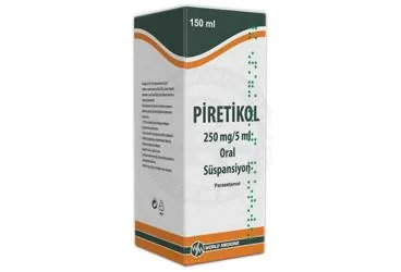 PIRETIKOL 250 MG/5 ML ORAL SUSPANSIYON (150 ML) ürün ambalajı. Parasetamol içeren oral süspansiyon. Üretici: WORLD MEDICINE İLAÇ SAN. VE TİC. A.Ş.