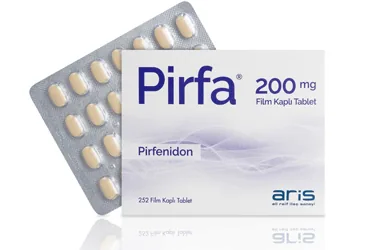 PIRFA 200 MG FILM KAPLI TABLET (pirfenidon) kutusu, film kaplı tablet. Üretici: ALİ RAİF İLAÇ SANAYİ A.Ş.