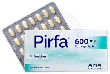 PIRFA 600 MG FILM KAPLI TABLET (120 TABLET) kutu fotoğrafı, film kaplı tablet formunda pirfenidon içerir. Üretici: ALİ RAİF İLAÇ SANAYİ A.Ş.