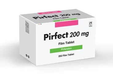 Pirfenidon içeren film kaplı tablet: PIRFECT 200 MG 252 FILM TABLET kutu fotoğrafı. Üretici: NOBEL İLAÇ SAN. VE TİC. A.Ş.