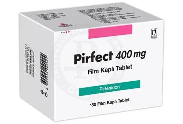 PIRFECT 400 MG FILM KAPLI TABLET(180 TABLET) ürün ambalajı, film kaplı tablet formunda pirfenidon içerir. Üretici: NOBEL İLAÇ SAN. VE TİC. A.Ş.