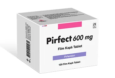 PIRFECT 600 MG FILM KAPLI TABLET (120 ADET) ambalajı. Pirfenidon içeren film kaplı tablet. Üretici: NOBEL İLAÇ SAN. VE TİC. A.Ş.