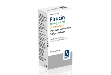 PIRUCIN 10 MG/5 ML IV INTRAVESIKAL ENJ. ICIN LIY.TOZ ICEREN FLAKON ambalajı. Epirubisin hidroklorür içeren flakon. Üretici: SABA İLAÇ SANAYİİ VE TİCARET ANONİM ŞİRKETİ.