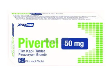 PIVERTEL 50 MG FILM KAPLI TABLET (40 TABLET) ambalajı, film kaplı tablet formunda pinaveryum bromür içerir. Üretici: DROGSAN İLAÇLARI SAN. VE TİC. A.Ş.