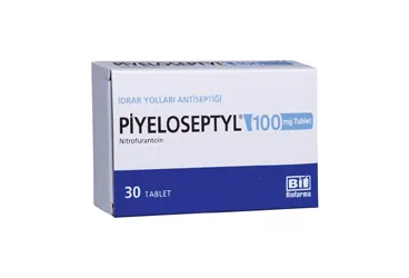 PIYELOSEPTYL 100 MG 30 TABLET kutu fotoğrafı. Nitrofurantoin içeren tablet. Üretici: BİOFARMA İLAÇ SANAYİ VE TİCARET A.Ş.