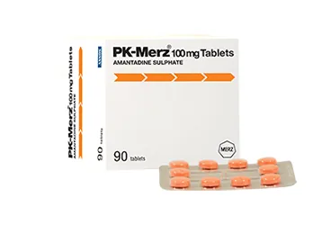 PK-MERZ 100 MG 90 TABLET (amantadin sülfat) kutu fotoğrafı, tablet. Üretici: ASSOS İLAÇ KİMYA GIDA ÜRÜNLERİ ÜRETİM VE TİC. A.Ş.