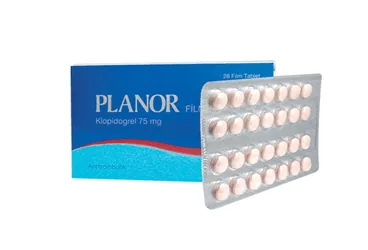 Klopidogrel içeren film kaplı tablet: PLANOR 75 MG 28 FİLM TABLET ambalajı. Üretici: KOÇAK FARMA İLAÇ VE KİMYA SANAYİ A.Ş.