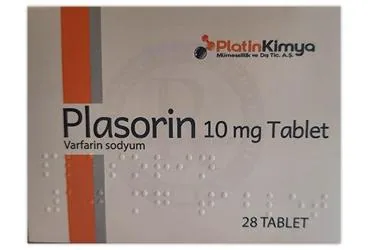 PLASORIN 10 MG TABLET (28 TABLET) kutu fotoğrafı, tablet formunda varfarin sodyum içerir. Üretici: PLATİN KİMYA MÜMESSİLLİK VE DIŞ TİCARET ANONİM ŞİRKETİ.