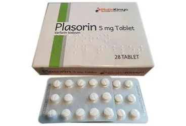 PLASORIN 5 MG TABLET (varfarin sodyum) ambalajı, tablet. Üretici: PLATİN KİMYA MÜMESSİLLİK VE DIŞ TİCARET ANONİM ŞİRKETİ.