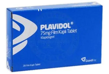 Klopidogrel içeren film kaplı tablet: PLAVIDOL 75 MG 28 FILM KAPLI TABLET ürün ambalajı. Üretici: GRANDİ İLAÇ SANAYİ VE TİCARET LTD.ŞTİ.