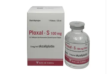 PLOXAL-S 100 MG/20 ML IV INF. ICIN KONSANTRE COZ. ICEREN FLAKON ambalajı. Okzaliplatin içeren flakon. Üretici: KOÇAK FARMA İLAÇ VE KİMYA SANAYİ A.Ş.