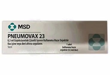 PNEUMOVAX 23 0,5 ML ENJEKSIYONLUK COZELTI ICEREN KULLANIMA HAZIR ENJEKTOR (1 ENJEKTOR) kutusu, çözelti formunda pnömokok aşısı içerir. Üretici: MERCK SHARP DOHME İLAÇLARI LTD. ŞTİ.