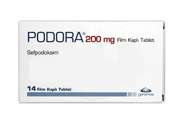 Sefpodoksim içeren film kaplı tablet: PODORA 200 MG FİLM KAPLI TABLET (14 ADET) kutusu. Üretici: GENVEON İLAÇ SANAYİ VE TİCARET ANONİM ŞİRKETİ.