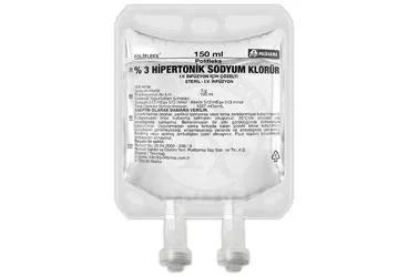 Serum içeren POLIFLEKS % 3 SODYUM KLORUR SOL. 150 ML(PVC TORBA) SETLI ambalajı. Üretici: POLİFARMA İLAÇ SAN. VE TİC. A.Ş.