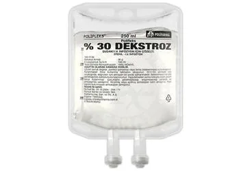 POLIFLEKS %30 DEKSTROZ 250 ML SOL. SETLI ürün ambalajı. Etkin maddesi serum. Üretici: POLİFARMA İLAÇ SAN. VE TİC. A.Ş.