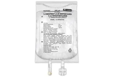 POLIFLEKS %5 DEKSTROZ %0,45 SODYUM KLORUR %0,3 POTASYUM KLORUR SOLUSYON 500 ML SETLI PVC TORBA kutusu, solüsyon formunda dekstroz monohidrat + sodyum klorur + potasyum klorur içerir. Üretici: POLİFARMA İLAÇ SAN. VE TİC. A.Ş.