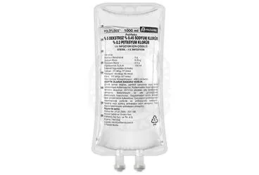 POLIFLEKS %5 DEKSTROZ %0,45 SODYUM KLORUR %0,3 POTASYUM KLORUR SOLUSYONU 1000 CC PVC SETSIZ (dekstroz + potasyum klorur + sodyum klorur) kutu fotoğrafı, solüsyon. Üretici: POLİFARMA İLAÇ SAN. VE TİC. A.Ş.