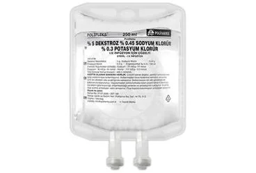 POLIFLEKS %5 DEKSTROZ %0,45 SODYUM KLORUR %0,3 POTASYUM KLORUR SOLUSYONU 250 CC PVC SETSIZ ürün ambalajı. Dekstroz + potasyum klorur + sodyum klorur içeren solüsyon. Üretici: POLİFARMA İLAÇ SAN. VE TİC. A.Ş.