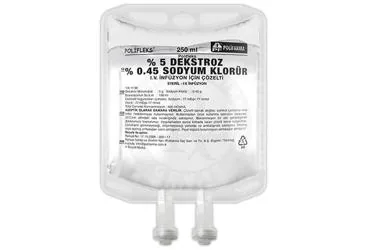 POLIFLEKS %5 DEKSTROZ %0,45 SODYUM KLORUR SOLUSYON 250 ML SETLI PVC TORBA kutusu. Dekstroz monohidrat+sodyum klorur içeren solüsyon. Üretici: POLİFARMA İLAÇ SAN. VE TİC. A.Ş.