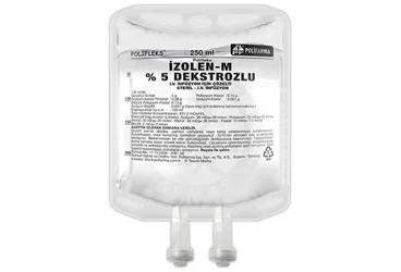 POLIFLEKS IZOLEN-M %5 DEKSTROZLU 250 ML PVC SOLUSYON(SETLI) ürün ambalajı. Dekstroz + dibazik potasyum fosfat + potasyum klorur + sodyum asetat trihidrat + sodyum klorur içeren solüsyon. Üretici: POLİFARMA İLAÇ SAN. VE TİC. A.Ş.